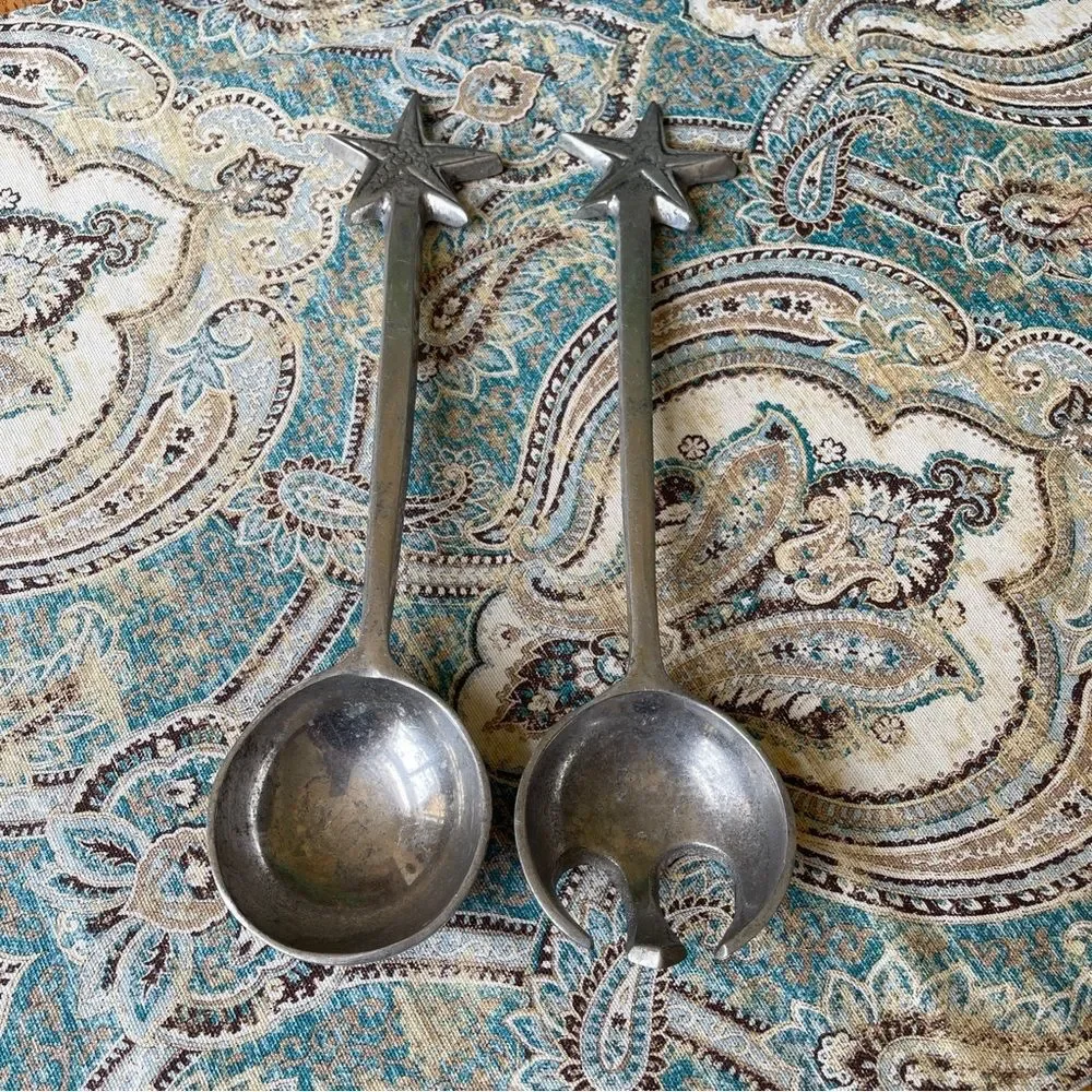 Metal Coastal Starfish salad server set Pewter or aluminum vintage